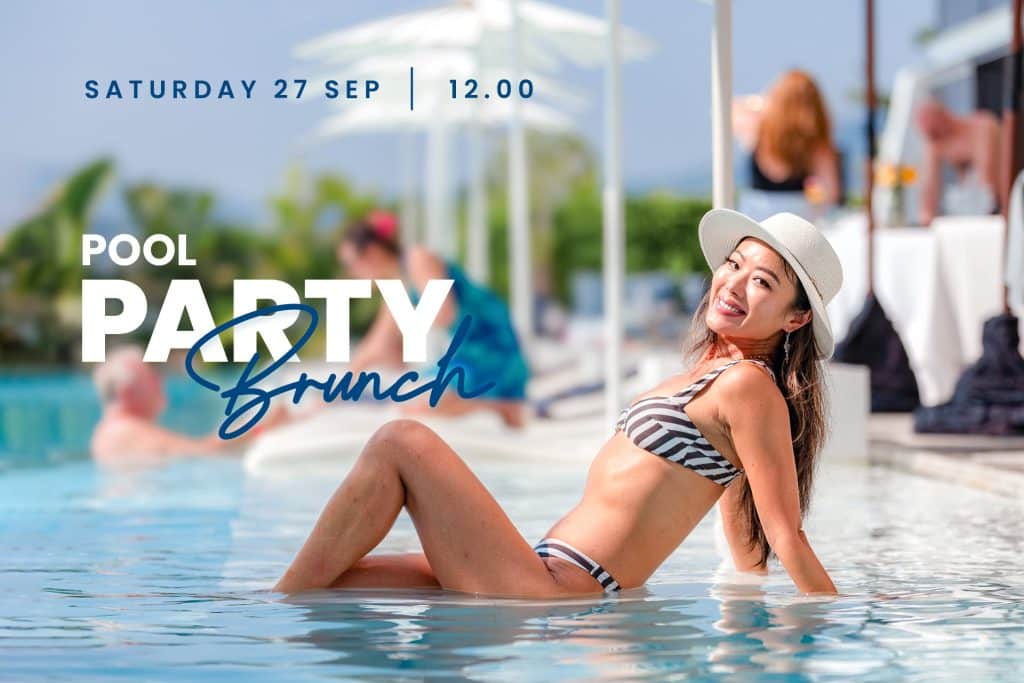 Woman in bikini relaxing in pool during stylish brunch party under the sun, September 2025.