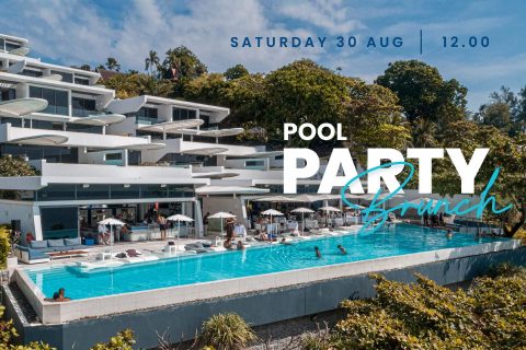 Scenic view of a modern beach resort with people enjoying a poolside brunch party, August 2025.