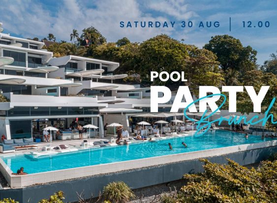 Scenic view of a modern beach resort with people enjoying a poolside brunch party, August 2025.