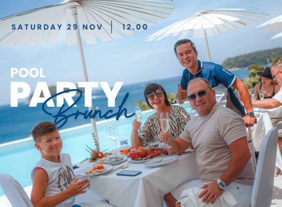 Smiling family celebrating with seafood and champagne at a luxurious pool party brunch, November 2025.