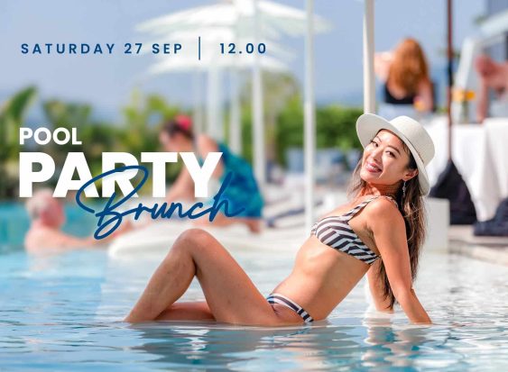 Woman in bikini relaxing in pool during stylish brunch party under the sun, September 2025.