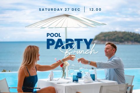 Romantic couple toasting drinks at a seaside brunch table by the pool, December 2025.